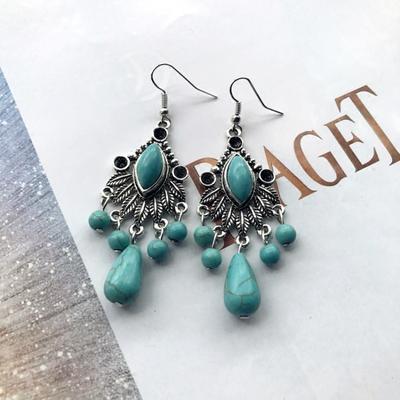 Temperament Retro Turquoise Earrings, Ancient Silver Water Drop Fringed Earrings, Women's Versatile Long Ear Jewelry
