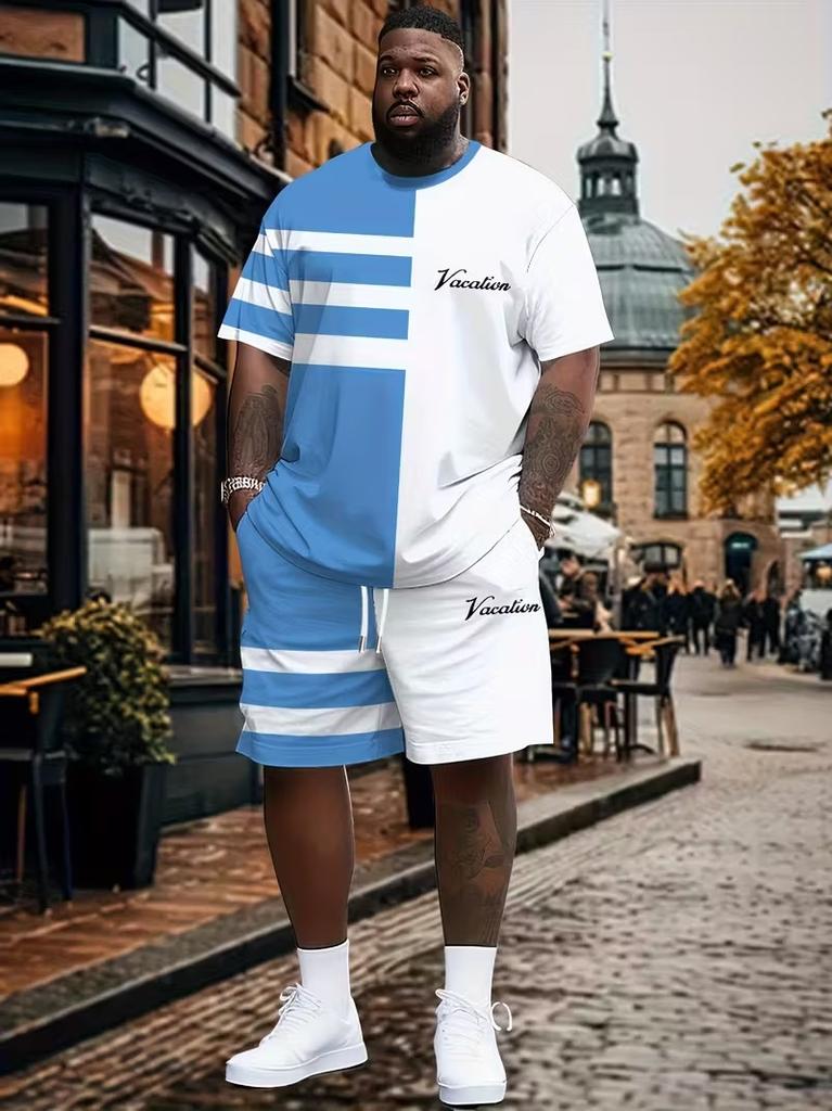 Heren King Letterprint T-shirt Shorts 2-delige Set Grote Maten Heren Sport Shorts met Trekkoord Zak Steek Kleur T-shirt Pak