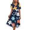 Women's Summer Floral Printed Casual Wrap V Neck Ruffled Hood Short Sleeves Belt A-Line Ruffle Hem Midi Sundress