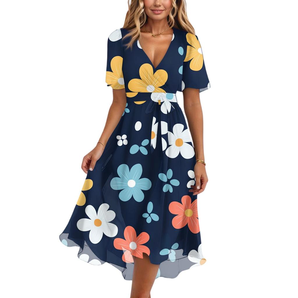 Women's Summer Floral Printed Casual Wrap V Neck Ruffled Hood Short Sleeves Belt A-Line Ruffle Hem Midi Sundress