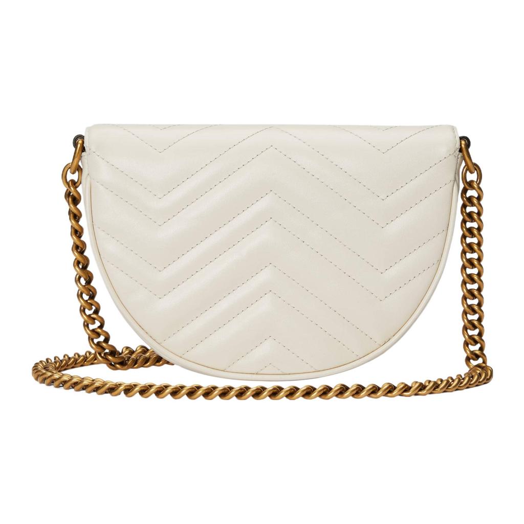 Gucci GG Marmont Chevron Quilted Saddle Bag, White Leather with Vintage Gold Double G, Women's Crossbody Handbag for Daily 746431-DTDHT-9022