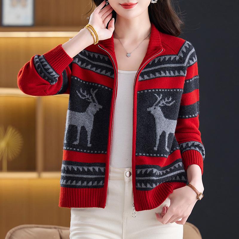 Stylish Jacquard Knit Zipper Cardigan for Women - Age-Defying Mid-High Collar Sweater Coat