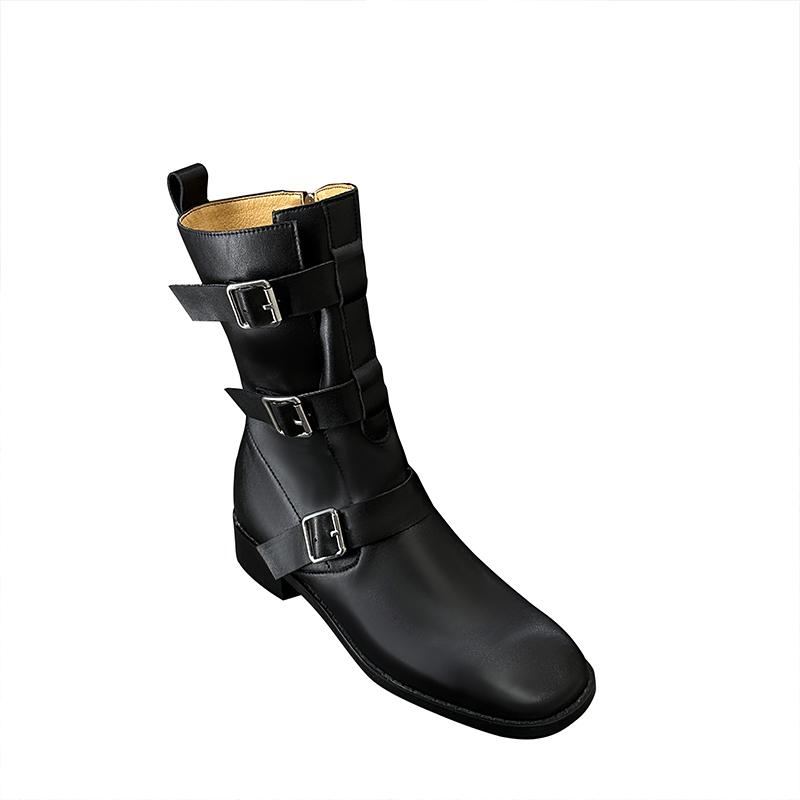 

Fashion 2025 Autumn New Women s Shoes Split Leather Mid-calf Boots Square Toe Pull-on Mid Heel Belt Buckle Western Boots Modern Boots 39 чёрный