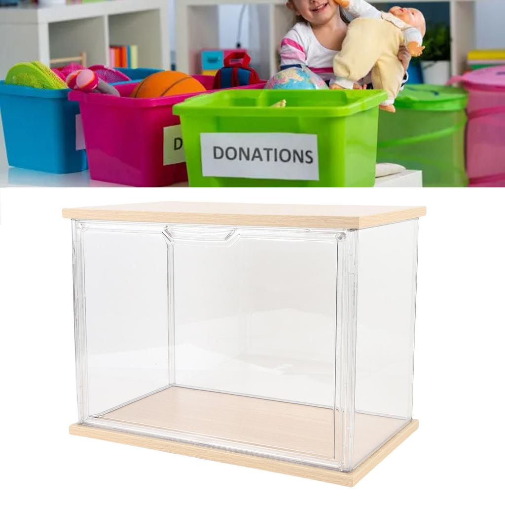 Clear   Display Case Plastic Display Box for Collectibles Doll Home Storage Organizing Toys Wood Base 14.3x8.7 .7in