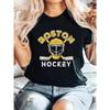 Women Vintage Boston Hockey T-Shirt Golden Stick Puck Lettering Breathable Crew Neck Sports Fan Team Spirit Casual Short Sleeve Top