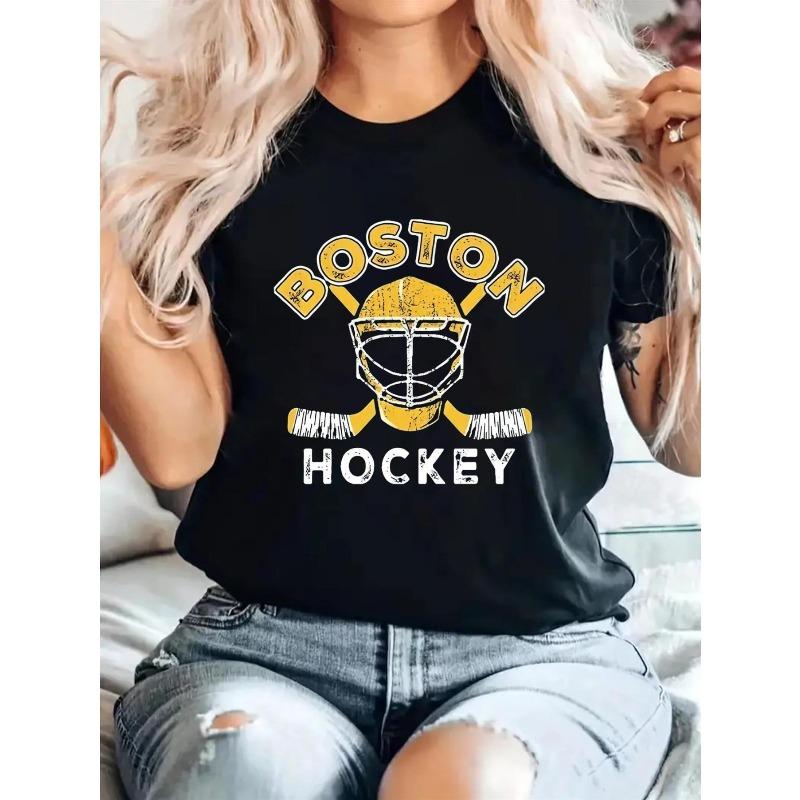 

Women Vintage Boston Hockey T-Shirt Golden Stick Puck Lettering Breathable Crew Neck Sports Fan Team Spirit Casual Short Sleeve Top 4XL чорний