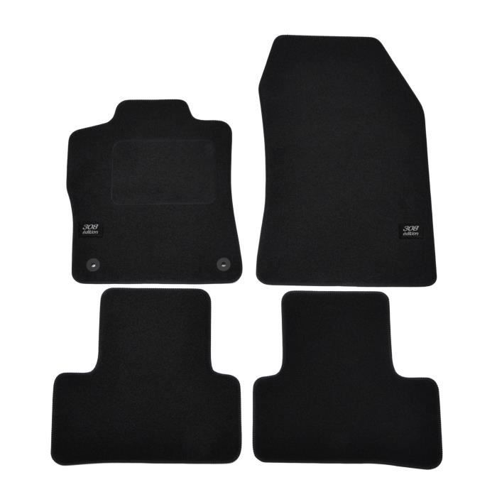 Tapis de sol - Logo - Peugeot 308 - Velours noir - 4 pièces - Ajustement précis