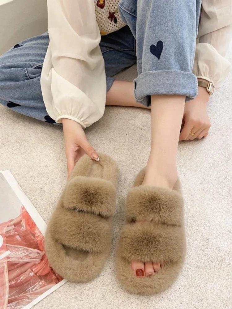 Fashion Fashion One Word Thick Fur Slippers Double Fur Slippers Casual Home Cotton Shoes for Women Flat Plush Cross Straps Slippers2024