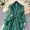 Women's V Neck Long Sleeve Maxi Dress Slim Fit Mid Waist Elegant French Lace Embroidery Dress Single Breasted Party Dress