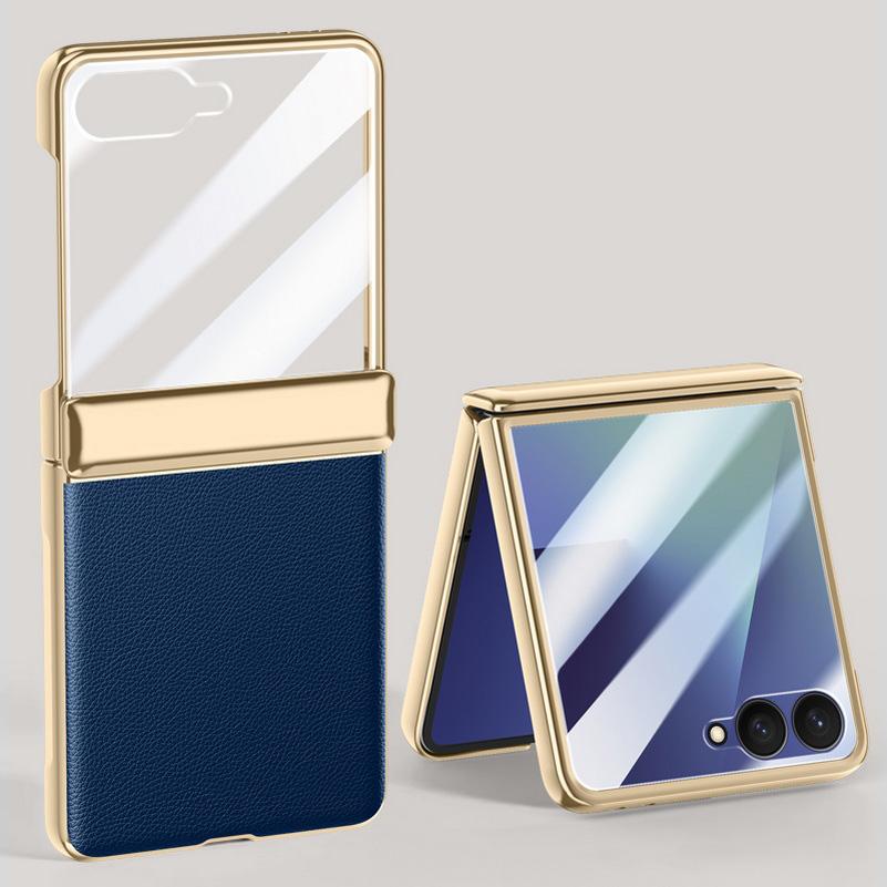 Electroplate Spring Hinged Leather Tempered Glass Protect Case For Samsung Galaxy Z Flip7 Flip 7 All-inclusive Cover