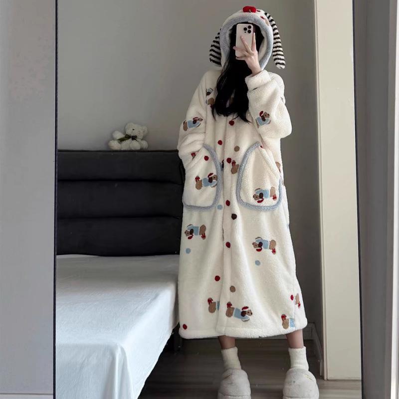 Женский пижамный комплект с таксой: Уютный осенне-зимний флисовый халат и милая мультяшная фланелевая домашняя одежда. XL