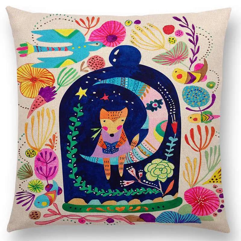 Cartoon Sofa Überwurf Kissenbezug Bunte Tiere Vogel Katze Reh Pfau Eule Blumen Lied Kissenbezug