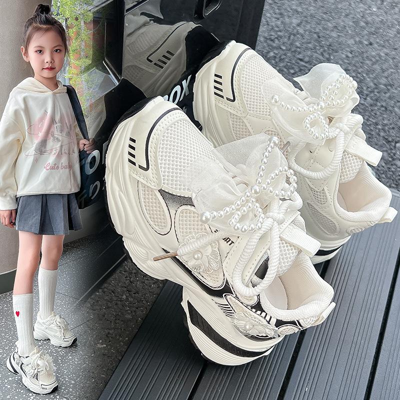 Girls pearl sneakers breathable bow dad shoes 2025 spring and autumn new girls running princess white shoes