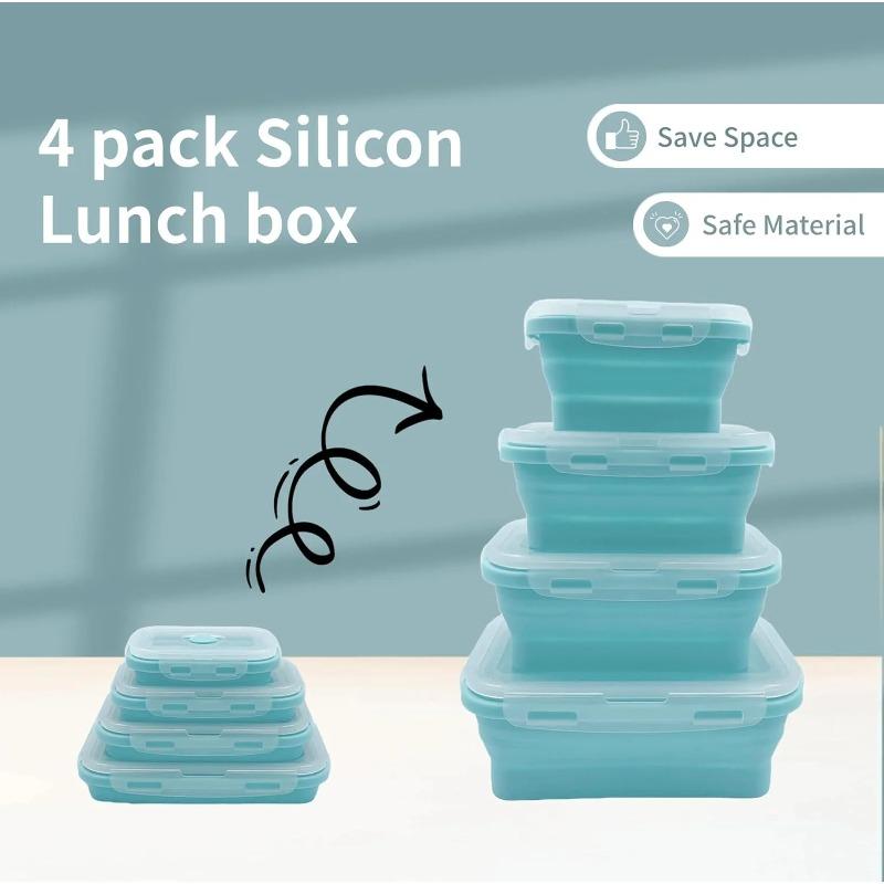 4 Pack Collapsible Silicone Lunch Box - BPA-Free Flat Stacking Food Storage Containers with Lids for Leftovers