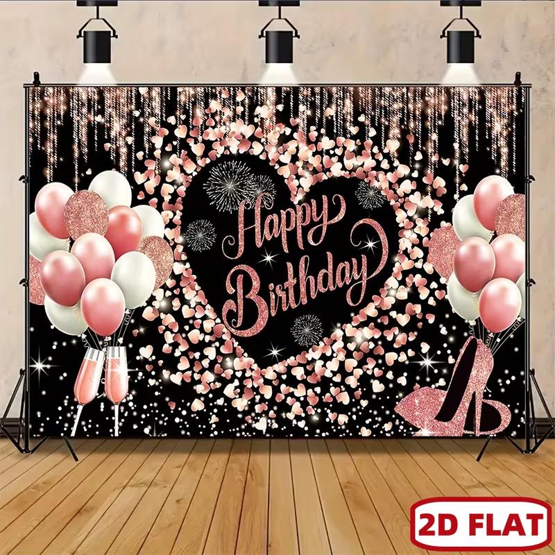 2D Rose Gold Heart Happy Birthday Backdrop with Balloons & Heels
