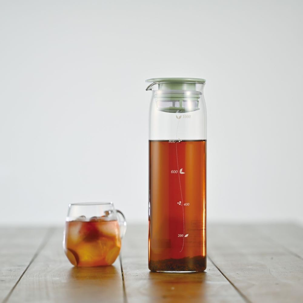 HARIO Cold Brew Tea, praktisches Fassungsvermögen, rauchig, heiß, kaltes Wasser, hergestellt in Japan, Kanne, 1000 ml, grün, hitzebeständiges Glas, wasser-/spülmaschinenfest, Flasche,