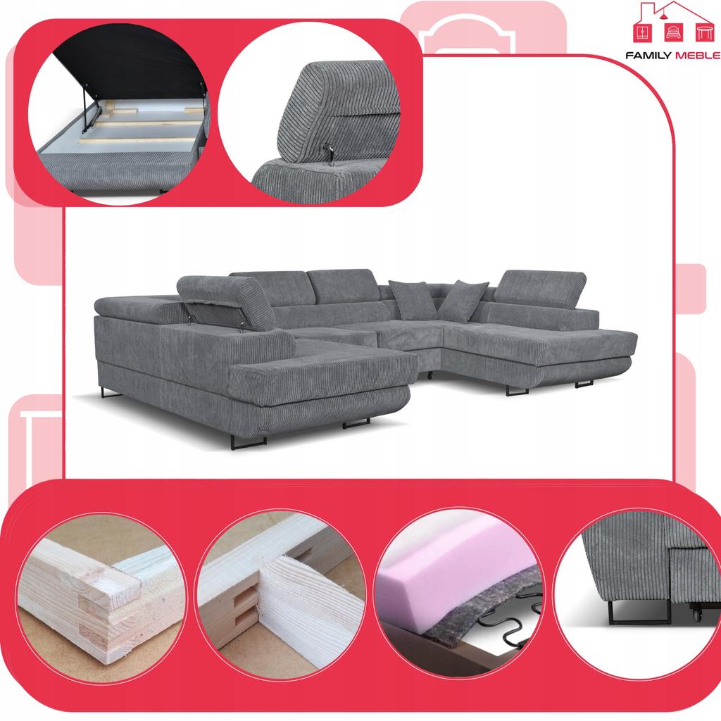 U-shaped Corner Sofa Bed, Extendable F. Savio Family Sleeping Furniture Grey Corduroy