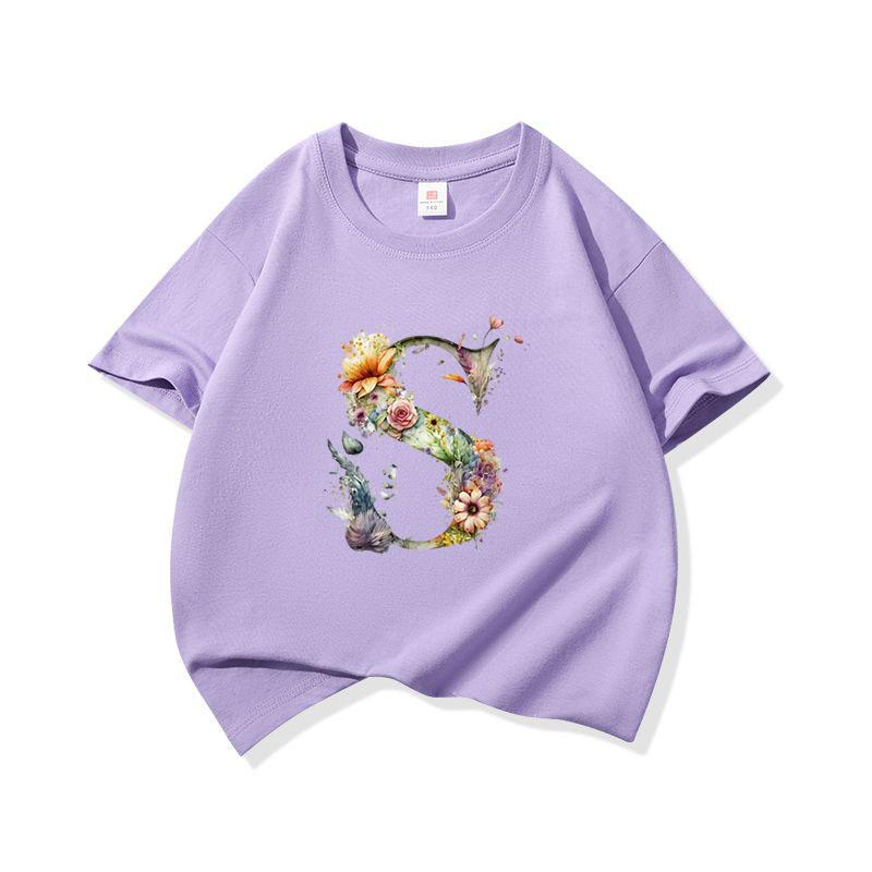Kids Cotton T Shirt Floral Letter S Print Crew Neck Short Sleeve Tee Casual Boys Girls Summer Tops