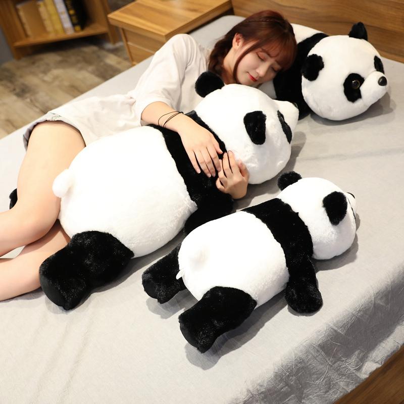Lovely 50cm-90cm Lifelike Rabbit Hair Lying Panda Plush Toys Soft Cartoon Animal Black and White Stuffed Doll Sleeping Pillow