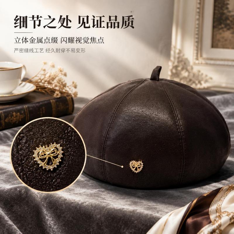 Women S Pu Leather Beret Sweet Cool French Vintage Warm Hat For Autumn Winter