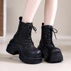 Fashion 9CM Women's Chunky Motorcycle Boots Autumn Hidden Heels Leather Sneakers Winter Heels Platform Boots Weave Mid-calf Boots Woman