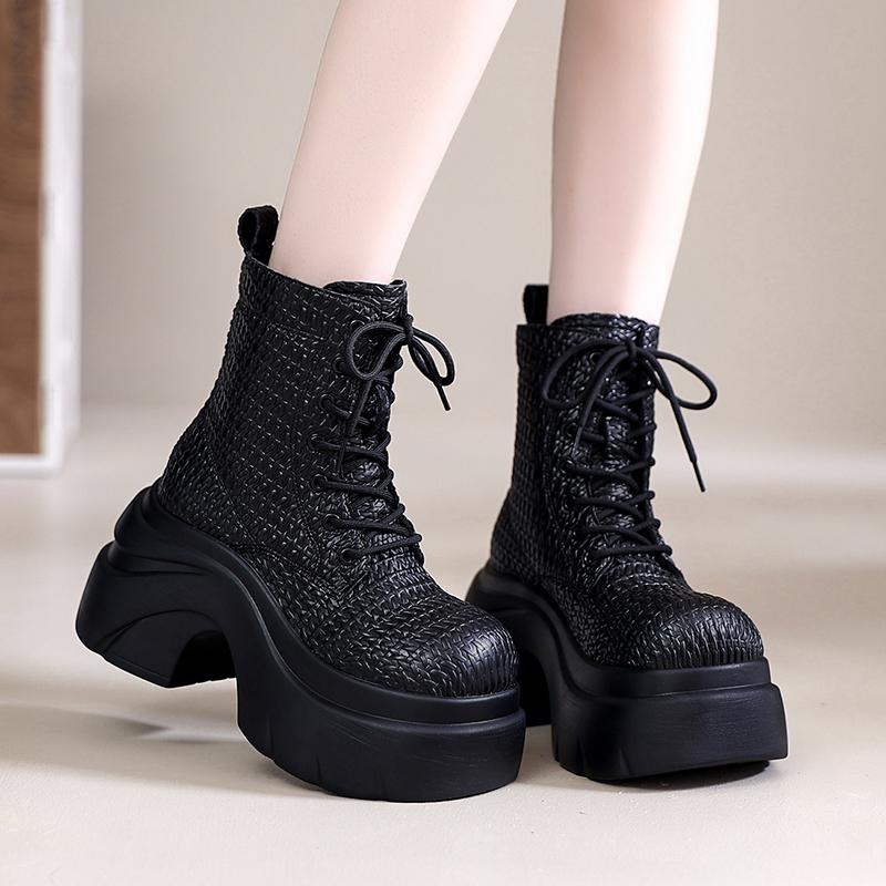 Fashion 9CM Women's Chunky Motorcycle Boots Autumn Hidden Heels Leather Sneakers Winter Heels Platform Boots Weave Mid-calf Boots Woman