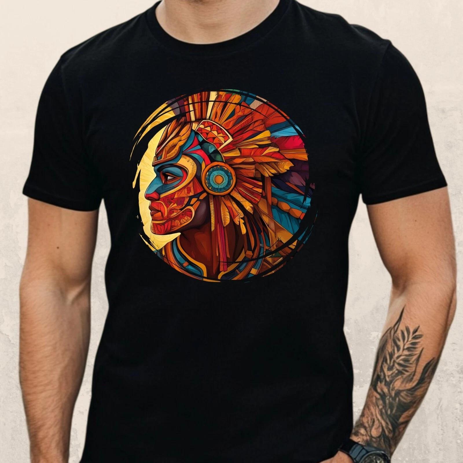 T-Shirt Men Aztec Warrior Motif Cotton Size S to 5XL L