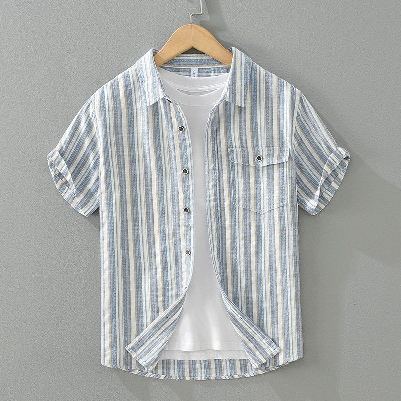 Fresh Breathable Color Matching Stripe Linen Short sleeve Shirts Men's Summer Casual Half Sleeve Japan fashion Retro Cotton and Linen Shirt