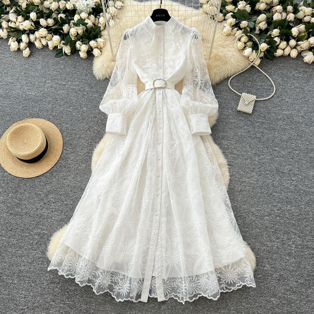 Retro Dress Women's Spring Ruffled Embroidered Single-breasted Dress