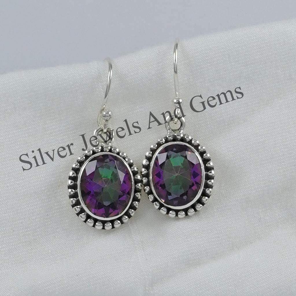 Oval Mystic Topaz Earrings, Boho Earring, 925 Sterling Silver Handmade Earrings, Designer Earring, Gift for Her, Crystal Earrings