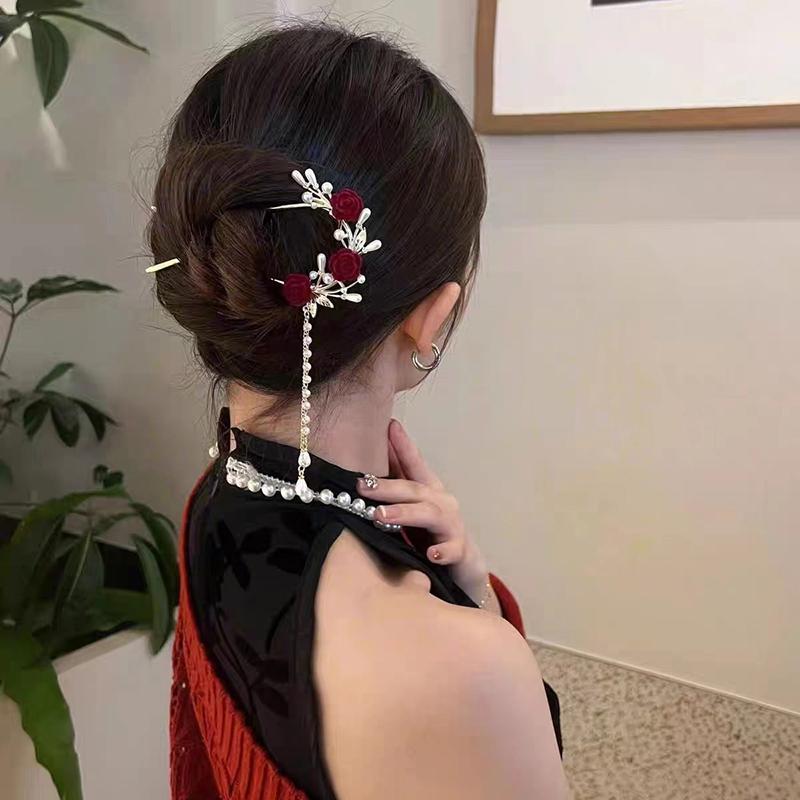 New Chinese Style Red Rose Fringe Hairpin Vintage Rose Hair Sticks Hairwear For Women Hair Fork Disk Hair Chopsticks Headdress