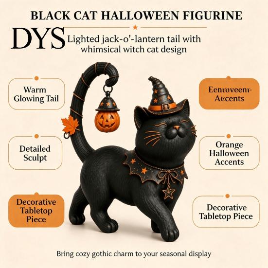 Niedliche Hexenkater-Skulptur für den Garten Halloween Schwarz Mit Hut Figur, Harzstatue Sammlerstücke Schreibtischregal, Gruselige Heimdekoration, Geschenk