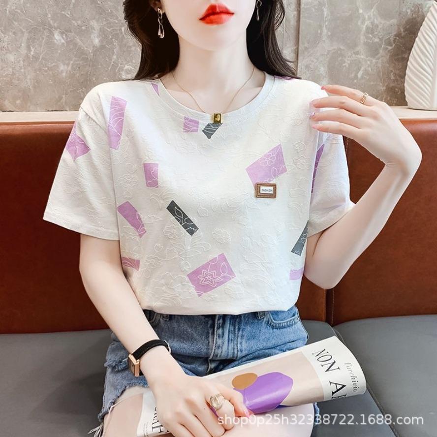 Women's Fashion Casual Summer Spring Geometric Print Short Sleeve O-Neck Blouses & Shirts