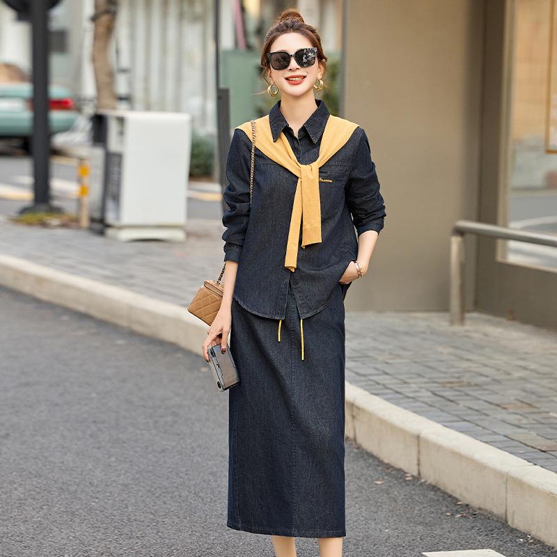 Modă de Primăvară 2025 Jachetă Denim & Fustă Midi cu Șal - Set din Trei Piese (CY8115)