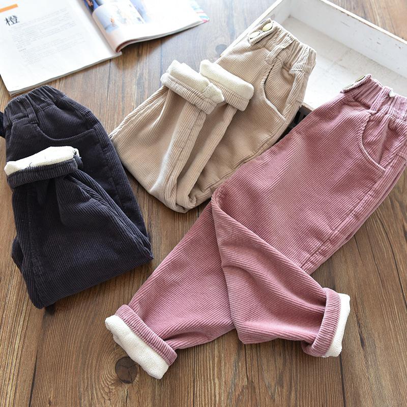 Girls Winter Thickened Corduroy Pants Fleece Lined Warm Casual Trousers For Kids