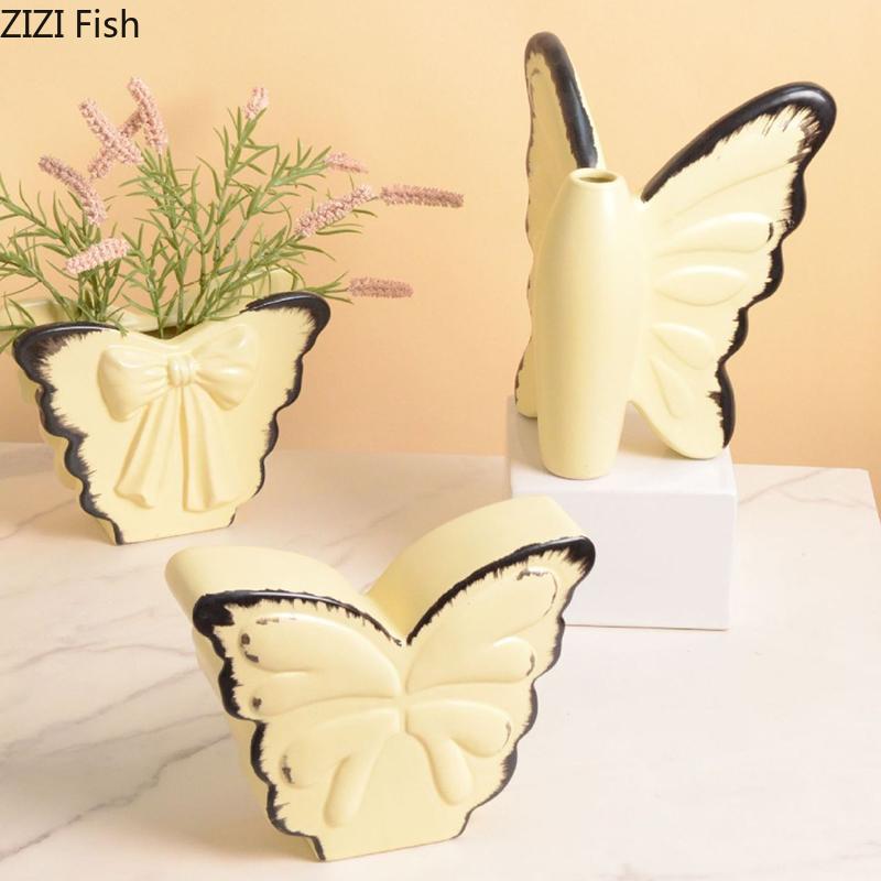 Cute Butterfly Ceramic Vase Bowknot Plant Pot Table Decoration Flowers Arrangement Artificial Flower Vases Room Aesthetic Decor