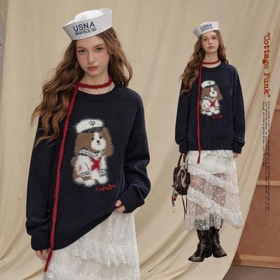 Puppy Jacquard Round Neck Sweater