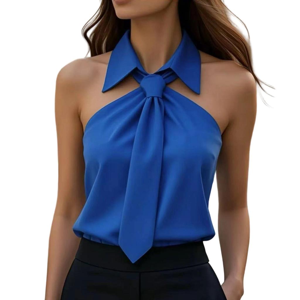 Women Turn-Down Collar Sleeveless Shirt Summer Solid Fashion Tank Casual Beach Vacation Tops