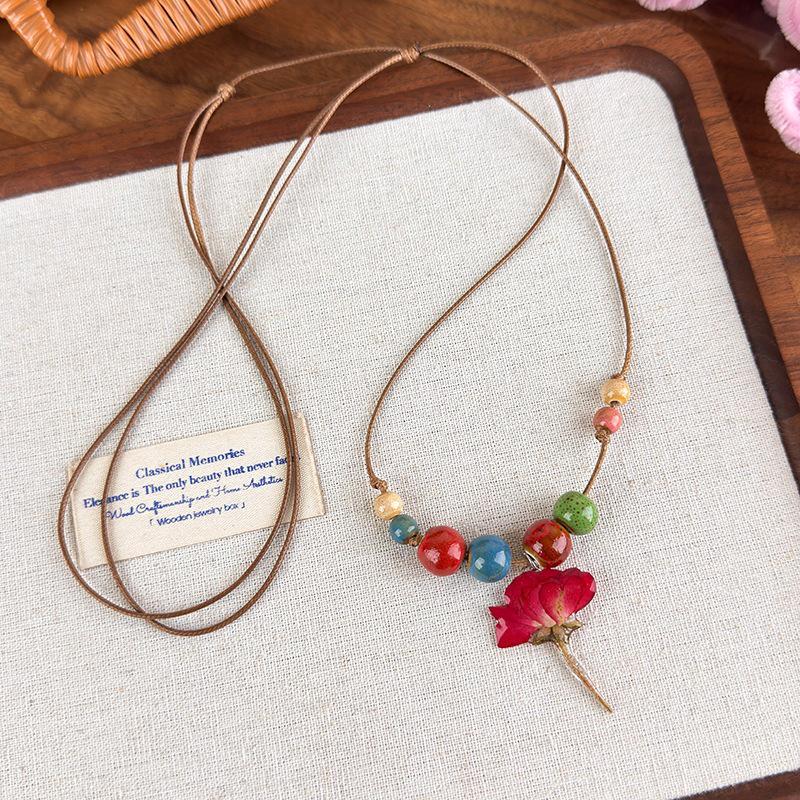 Retro Forest Ceramic & Colorful Beads Necklace with Dried Rose & Daisy Flowers - Artistic Long Collarbone Chain for Women