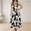 Women Plus Size Sleeveless Round Neck Triple Keyhole Cutout Printed White Navy Blue Long Dress