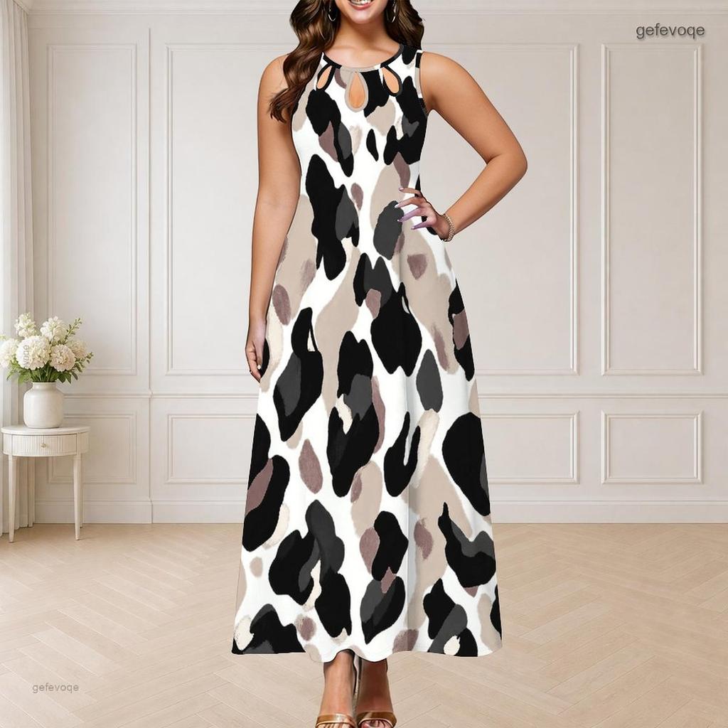 Women Plus Size Sleeveless Round Neck Triple Keyhole Cutout Printed White Navy Blue Long Dress