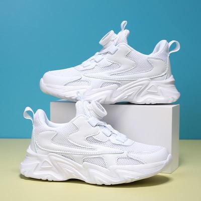 Atmungsaktive weiße Mesh-Schuhe für Kinder, Frühling/Sommer 2023, Sportlicher Stil für Jungen und Mädchen mit Drehknopfverschluss.