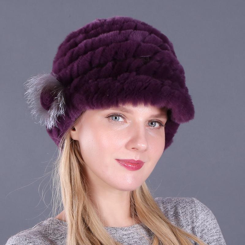 Wintermütze für Damen, warm, Rex-Kaninchenhaar, gestricktes Fell, Entenzungenmütze