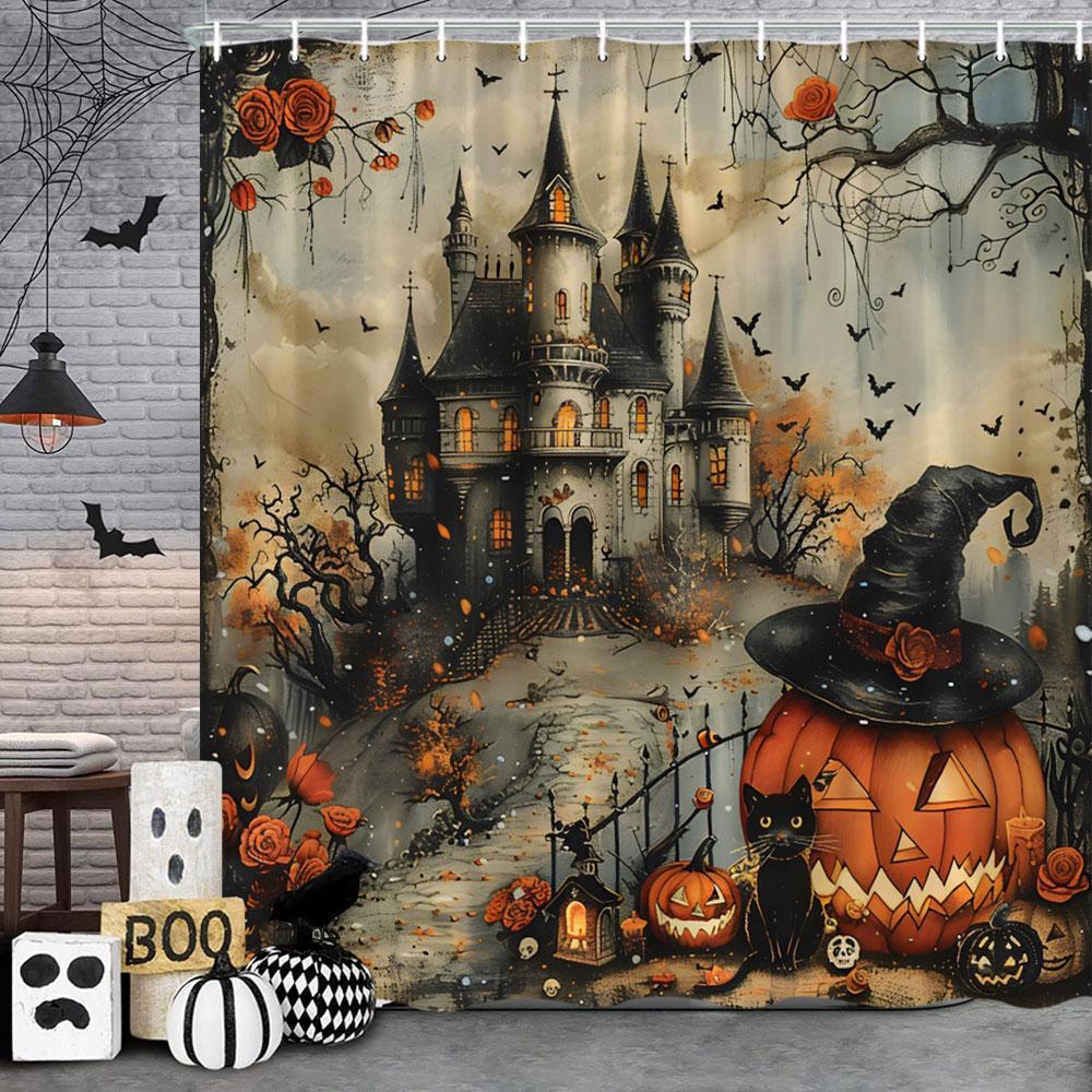 Spooky Horror Halloween Skeleton Crow Shower Curtain Black Bat Black Cat Polyester Fabric Bath Curtain Bathroom Decor With Hoo