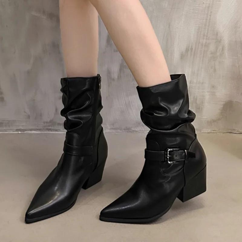 Chelsea Pleated Woman Short Boots Shoes Pointed Toe Winter New Fashion Boots 2025 Trend Women Chunky Punk Motorcycle Botas Pumps