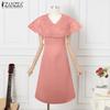 ZANZEA Elegant Women V Neck Short Sleeve Lace Patchwork Smooth A-line Dress Nonelastic