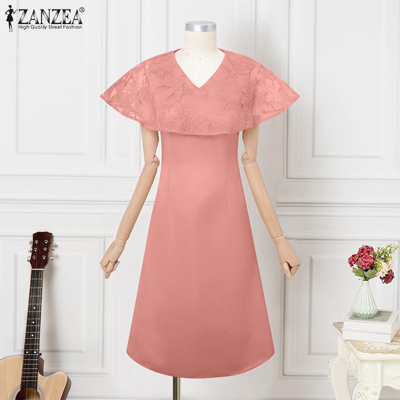 ZANZEA Elegant Women V Neck Short Sleeve Lace Patchwork Smooth A-line Dress Nonelastic