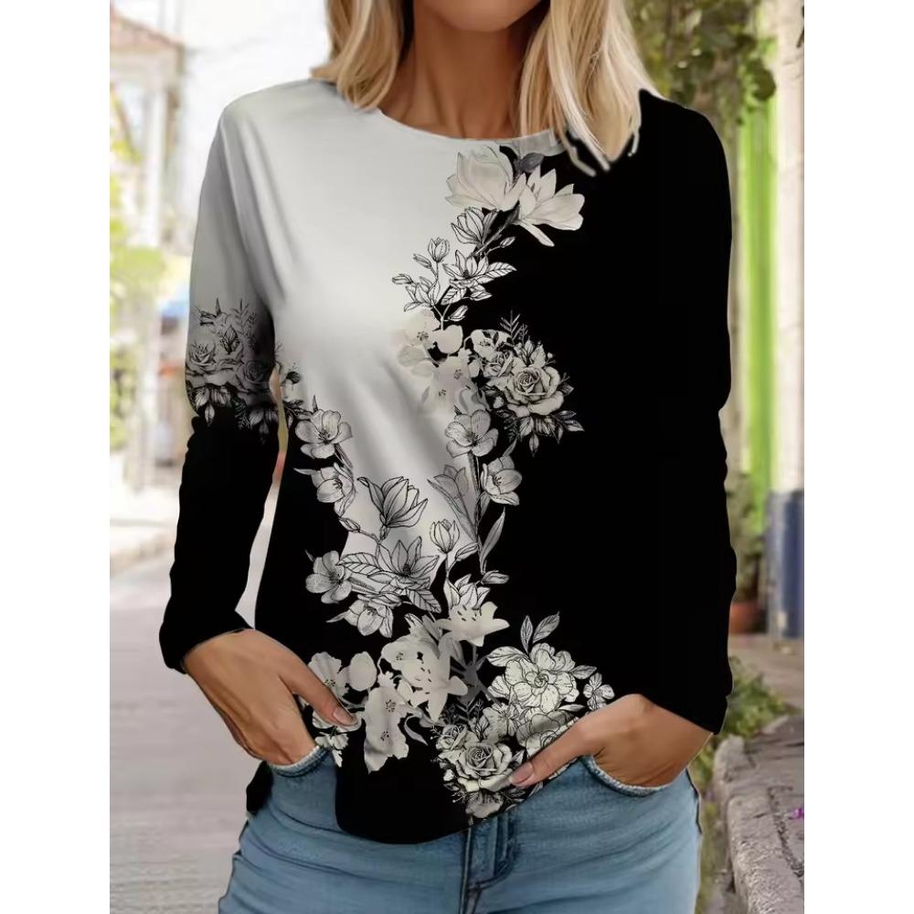 Women's Christmas Santa Long Sleeve T-Shirts, Festive Snowflake Print Top, Holiday Party Wear, Fall Winter Seasonal Style