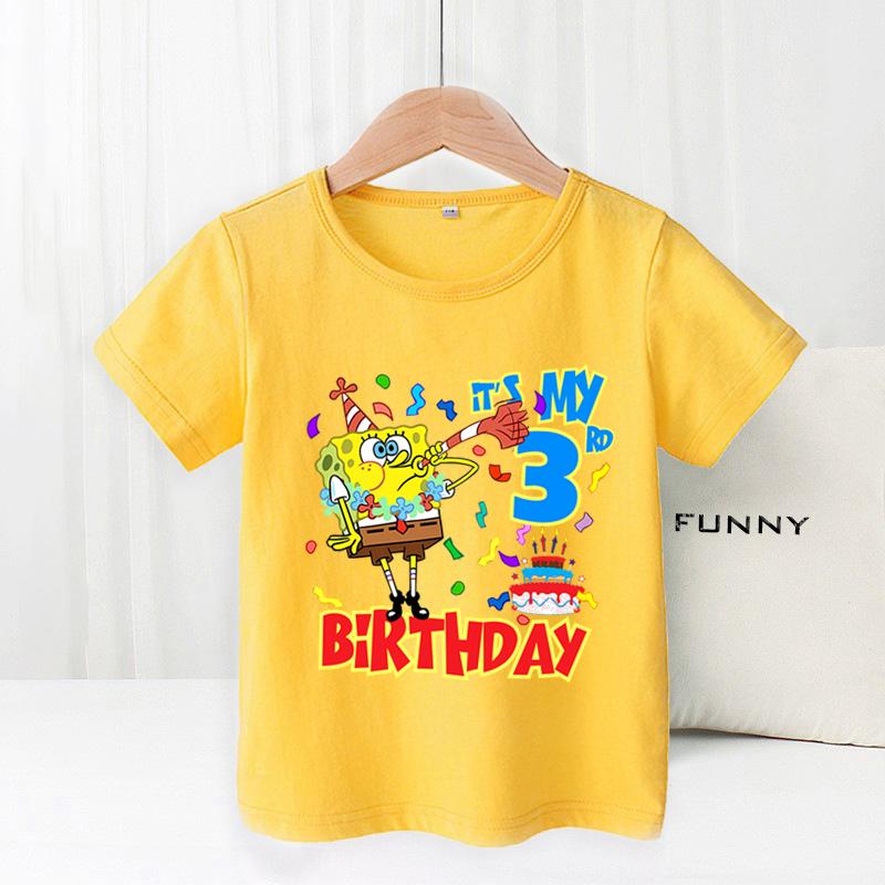 SpongeBobs Children Birthday Clothes Boy Girl Number Cotton T Shirt Short Sleeve Kids Clothes Cartoon Summer Toddler Tee Tops