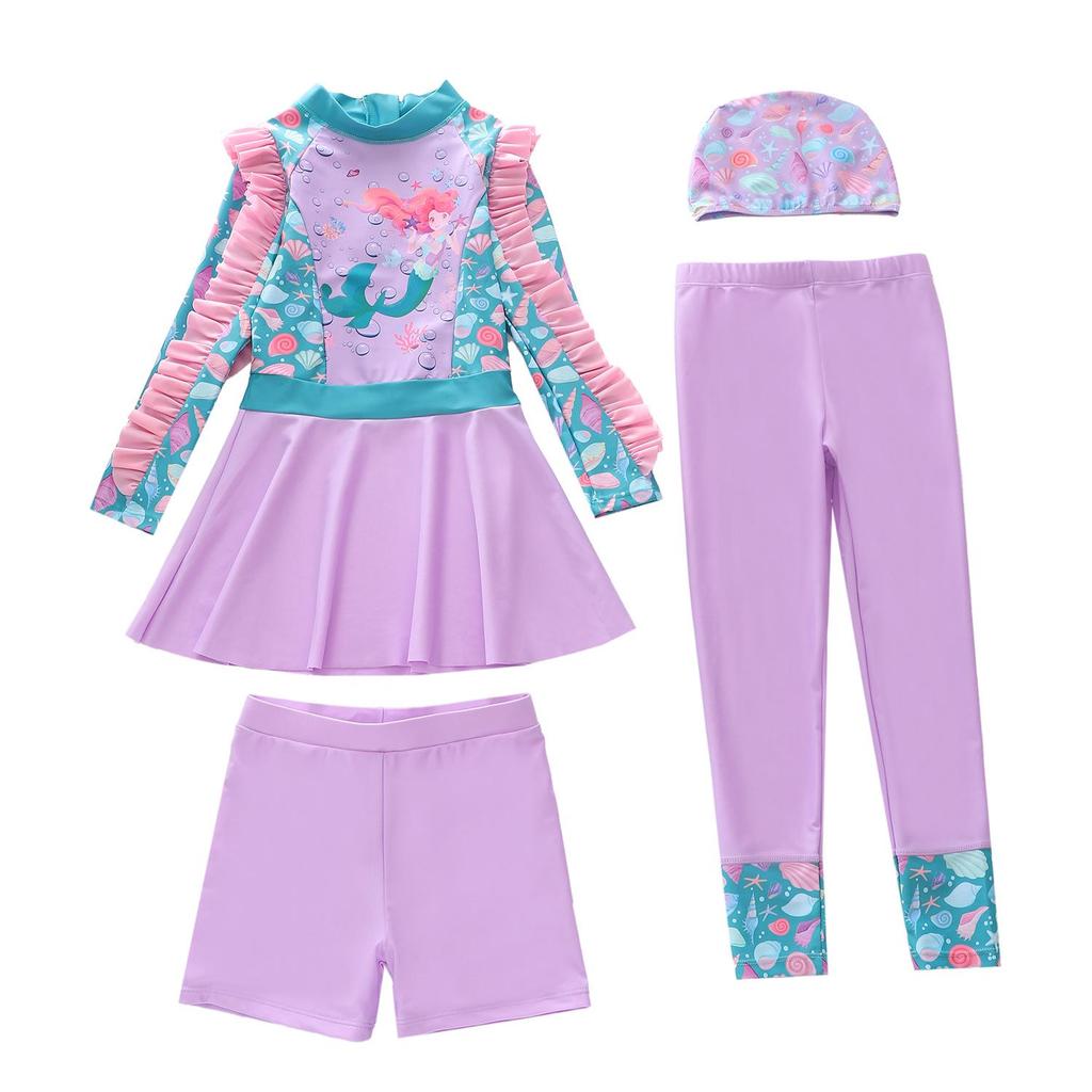 Children's Girls' Long-Sleeve Two-Piece Swimsuit Set for Small, Medium, Large